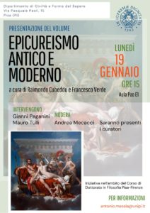 Locandina presentazione volume Epicureismo antico e moderno, 19 gennaio 2026