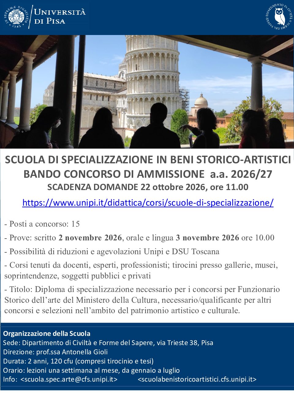 Bando di concorso per l’ammissione alla Scuola di Specializzazione in Beni Storico-artistici 2026/2027